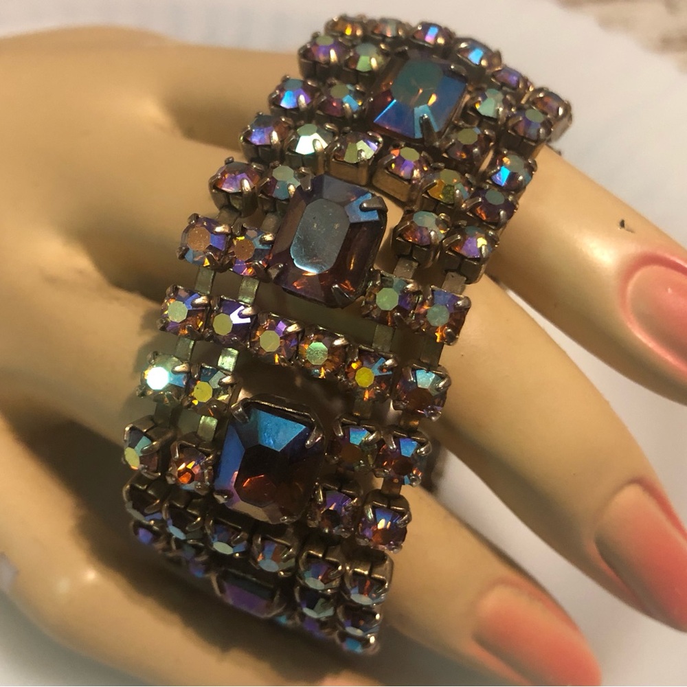 Vintage Amber Iridescent Rhinestone Bracelet W/Safety Chain So Sparkly